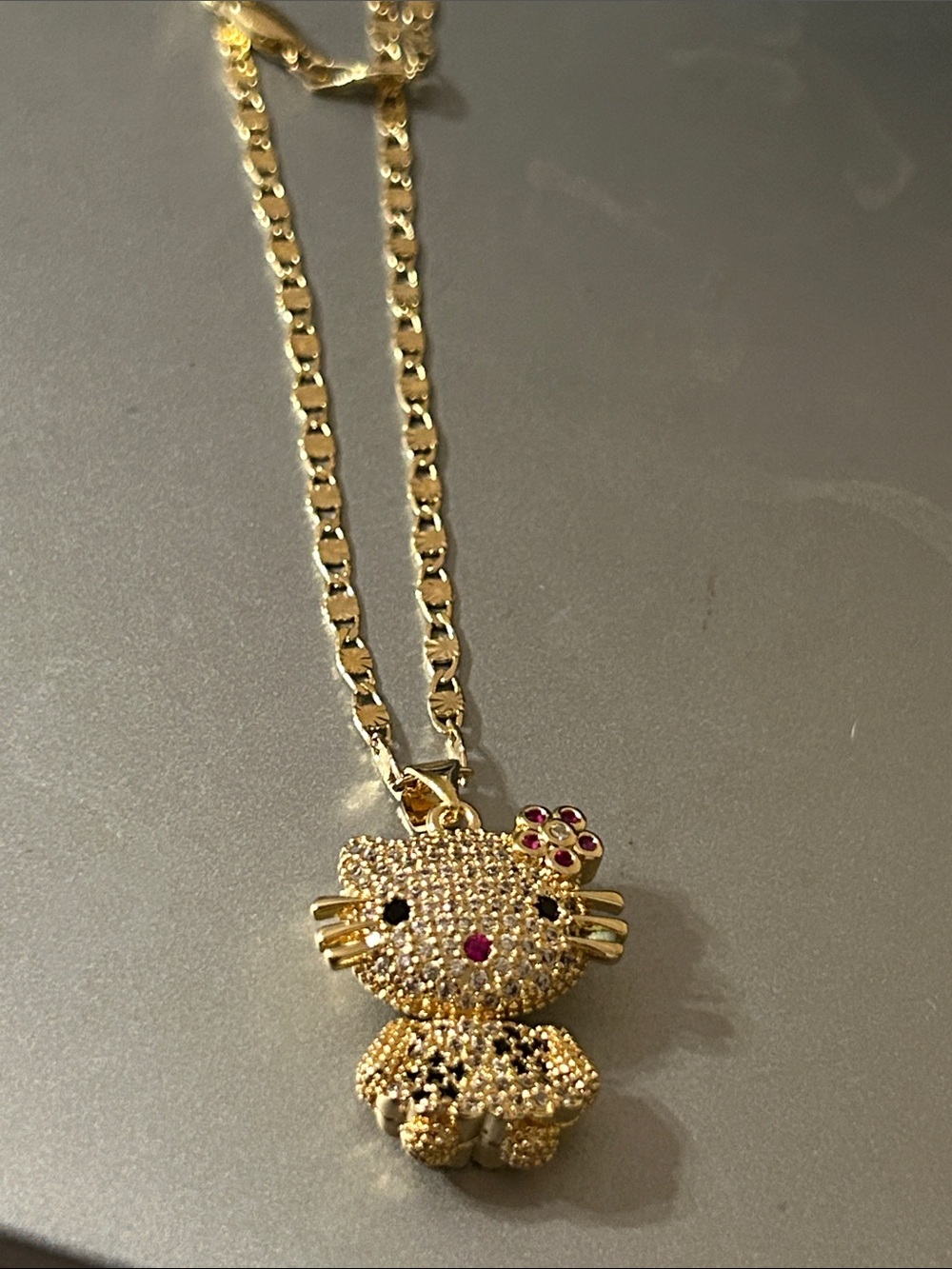 Gold-Tone Hello Kitty Style Crystal Pendant on 20” Chain